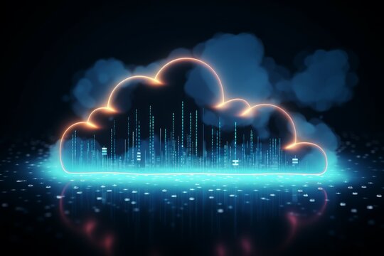 Cloud computing concept. Smart city wireless internet communication with cloud storage, cloud services. Download, upload data on server.