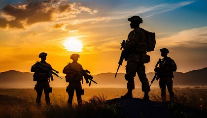 Soldiers' silhouettes set against a background of a sunset sky, capturing the powerful and evocative essence of a military presence.
