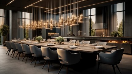 Fototapeta na wymiar Minimalist home grey luxury restaurant with a simple chandelier in the middle, Luxury.