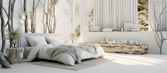 The white bedroom interior design with a background of nature wood and isolated fashion showcases a...