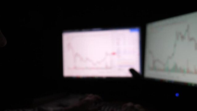 Profile of young financial analyst working on computer with multi-monitor at night. Broker analysing real-time stocks commodities and foreign exchange charts. Concept of crypto trading at stock market