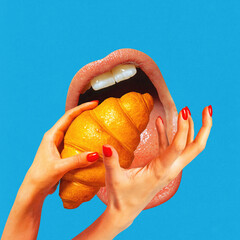 Giant female mouth tasting delicious crispy croissant against blue background. Bakery. Contemporary art collage. Concept of sweet food, breakfast, creative, pop art style, surrealism. Poster for ad