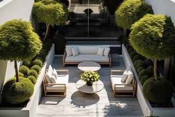 Small courtyard terrace, Simple green shrubs, High end design, Modern, Aerial view. - obrazy, fototapety, plakaty