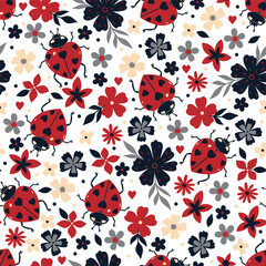 Seamless pattern with flowers and ladybugs. Vector graphics.