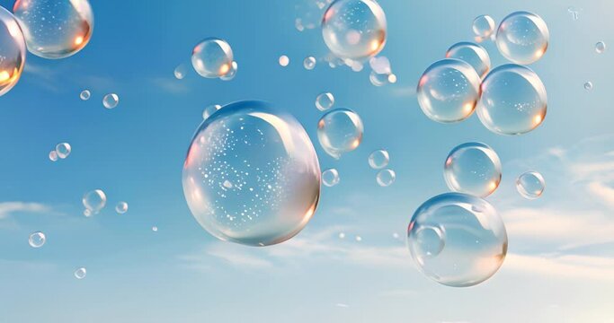 Bubbles floating in blue sky as wallpaper, decor and background. Abstract motion concept for freedom, fun and entertainment. Happy invitation with clouds, movement and reflection.