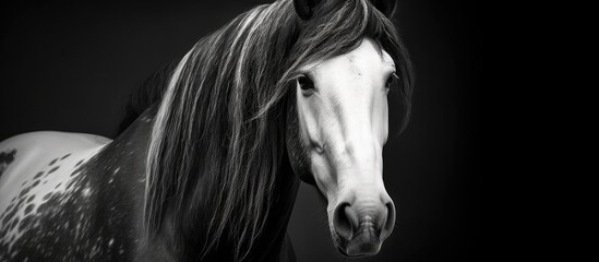 In the stunning black and white portrait the background of the farm perfectly complements the natural beauty of the horse s sleek and flowing hair highlighting its mesmerizing black coat Wit