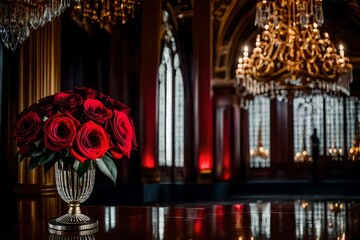 A bouquet of red roses in an ornate crystal vase