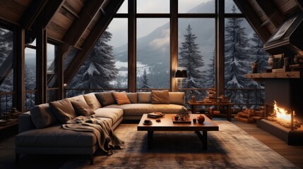 A living room with many large windows, Cozy Christmas style moody atmosphere and landscape, Cabin.