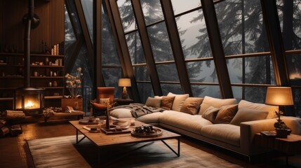 Obraz premium A living room with many large windows, Cozy Christmas style moody atmosphere and landscape, Cabin.