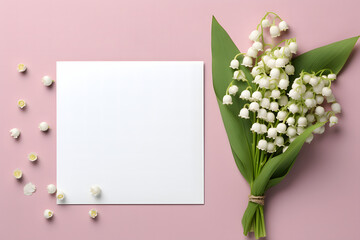 Invitation or greeting card mockup with envelope and lily of the valley flowers. - obrazy, fototapety, plakaty