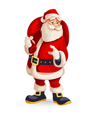 Merry Christmas Santa Claus Cartoon Character with big red Sack of gifts for christmas holiday. Isolated santa cartoon character. PNG Illustration.
