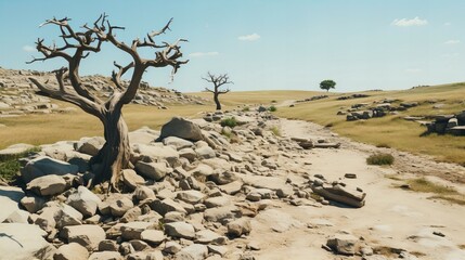 Solitary Trees Standing Guard in a Barren, Rocky Desert Landscape Under Clear Blue Skies