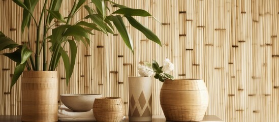 The abstract and organic nature inspired design showcases a beautiful background of woven bamboo with a captivating pattern and texture making it the perfect wallpaper choice to add warmth 