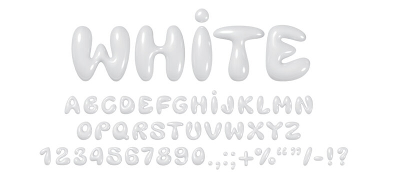Glossy 3D bubble font vector with white inflatable balloon letters, full alphabet set and numbers in a playful cartoon style, ideal for Y2K typography designs
