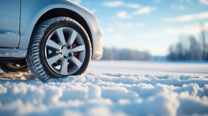 Close up of a single clean car tire standing in the snow in winter.