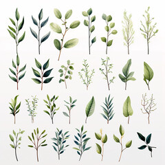 set of watercolor clip art of green leaves isolated on white background for graphic design