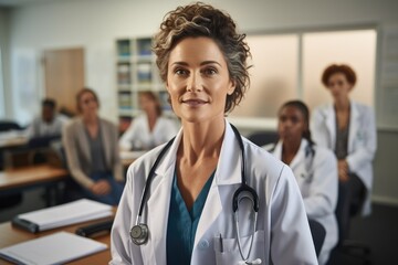 Older female doctor teaching other doctors in a classroom, Multi ethnic.