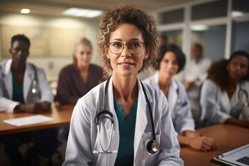 Older female doctor teaching other doctors in a classroom, Multi ethnic. - obrazy, fototapety, plakaty