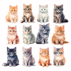 set of watercolor clip art of cats isolated on white background for graphic design