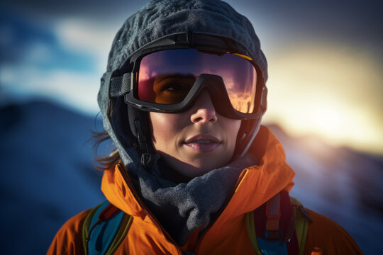 AI generative image of thoughtful woman in goggles looking away while standing in a winter mountain ski resort during sunset