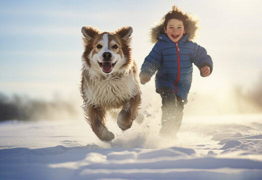 AI generative image of happy little boy in warm clothes running with his cute dog outdoors in a clear winter day