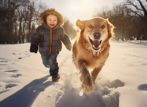 AI generative image of happy little boy in warm clothes running with his cute dog outdoors in a clear winter day
