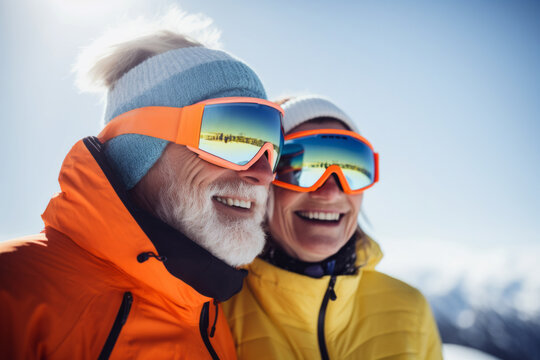 AI generative image of side view of playful mature couple in warm clothing and ski goggles enjoying a winter mountain ski resort against blurred background