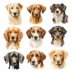 set of watercolor clip art of dogs isolated on white background for graphic design