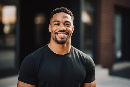 Generative AI illustration of cheerful black man wearing a black t-shirt smiles radiantly against a backdrop of modern buildings