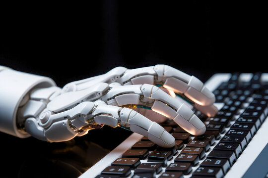 Generative AI illustration of anonymous robotic hand with visible circuits delicately presses a key on computer highlighting