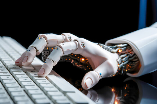 Generative AI illustration of anonymous robotic hand with visible circuits delicately presses a key on computer highlighting