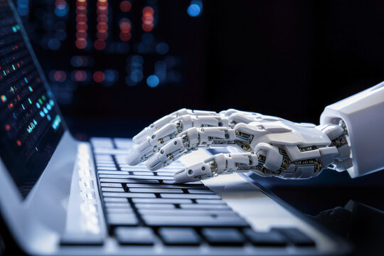 Generative AI illustration of detailed robotic hand, illuminated by the soft glow of computer screens interacts with a laptop keyboard