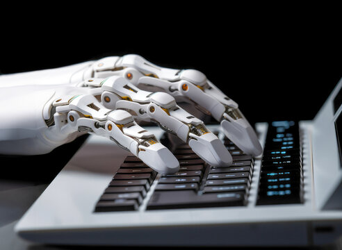 Generative AI illustration of anonymous robotic hand with visible circuits delicately presses a key on computer highlighting