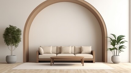 Fototapeta premium 3D interior rendering of a wooden bench in living space and a wooden arch on wall background.