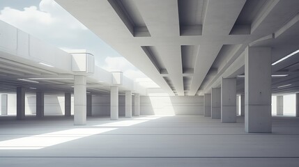 3d exterior rendering of a parking lot with a bare concrete floor and ceiling.