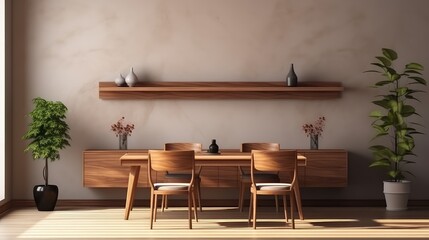 3D rendering interior of a wooden dining table and built-in wooden shelving on a wooden wall in a dining room.