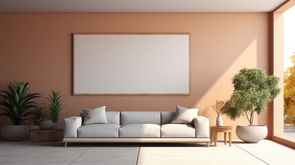 3D rendering of a living room with a natural view from a large window.