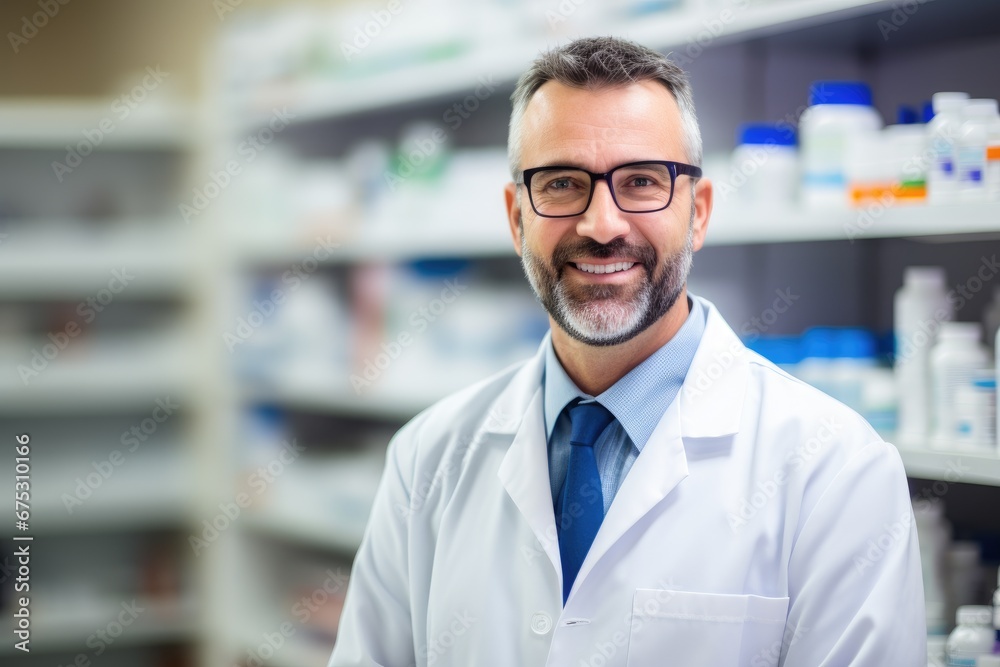 Wall mural pharmacist in glasses looks into the frame, in the background pharmacy racks with drugs, medicines