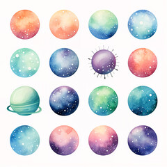 set of watercolor clip art of planets isolated on white background for graphic design