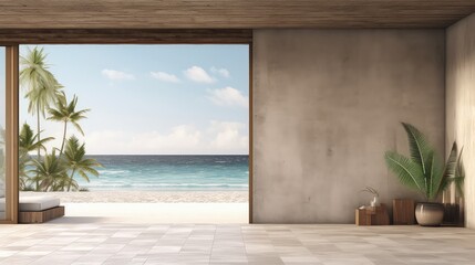 3d rendering of a spacious living room with a large window overlooking the sea.
