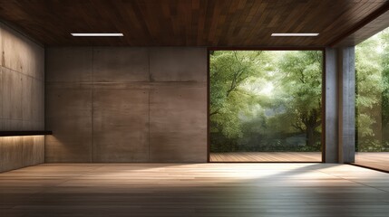 3d rendering of a living space with a tree background from airy window view.