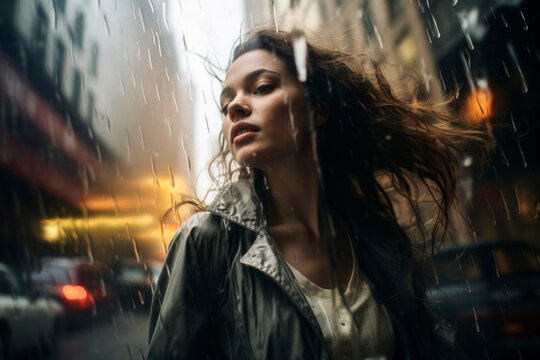 Generative AI illustration of woman with tousled hair stands amidst a downpour looking away as the city hustle and lights create a dynamic backdrop