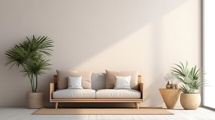 3D rendering of a couch cushion on a wooden bench in the living room.