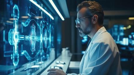 Doctor checking heart disease and illness on monitor, diagnosis analysis preparing operation on heart disease in a futuristic hospital.
