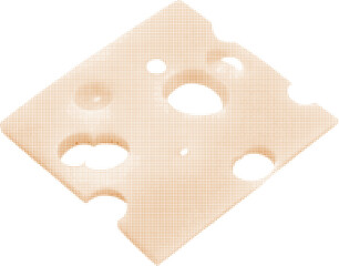 Maasdam cheese, flat piece with holes, one, isolated, from circle dot of different sizes on white background