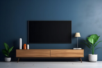 Modern interior of living room with tv on the cabinet on dark blue wall background.