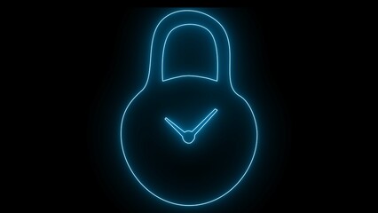 Bright neon line padlock with clock icon isolated on black background. Concept of time management. Lock and plan symbol.