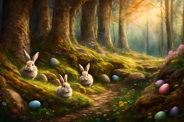 Picture an idyllic woodland scene with a cozy burrow where the Easter Bunny resides. - obrazy, fototapety, plakaty