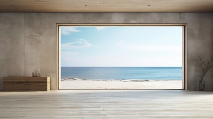 3D rendering interior of a living room with sea view background.