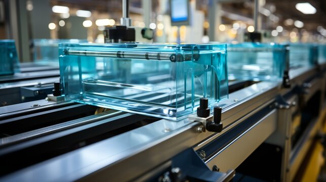 High-Tech Automation in Precision Manufacturing: Transparent Materials on Conveyor in Industrial Setting